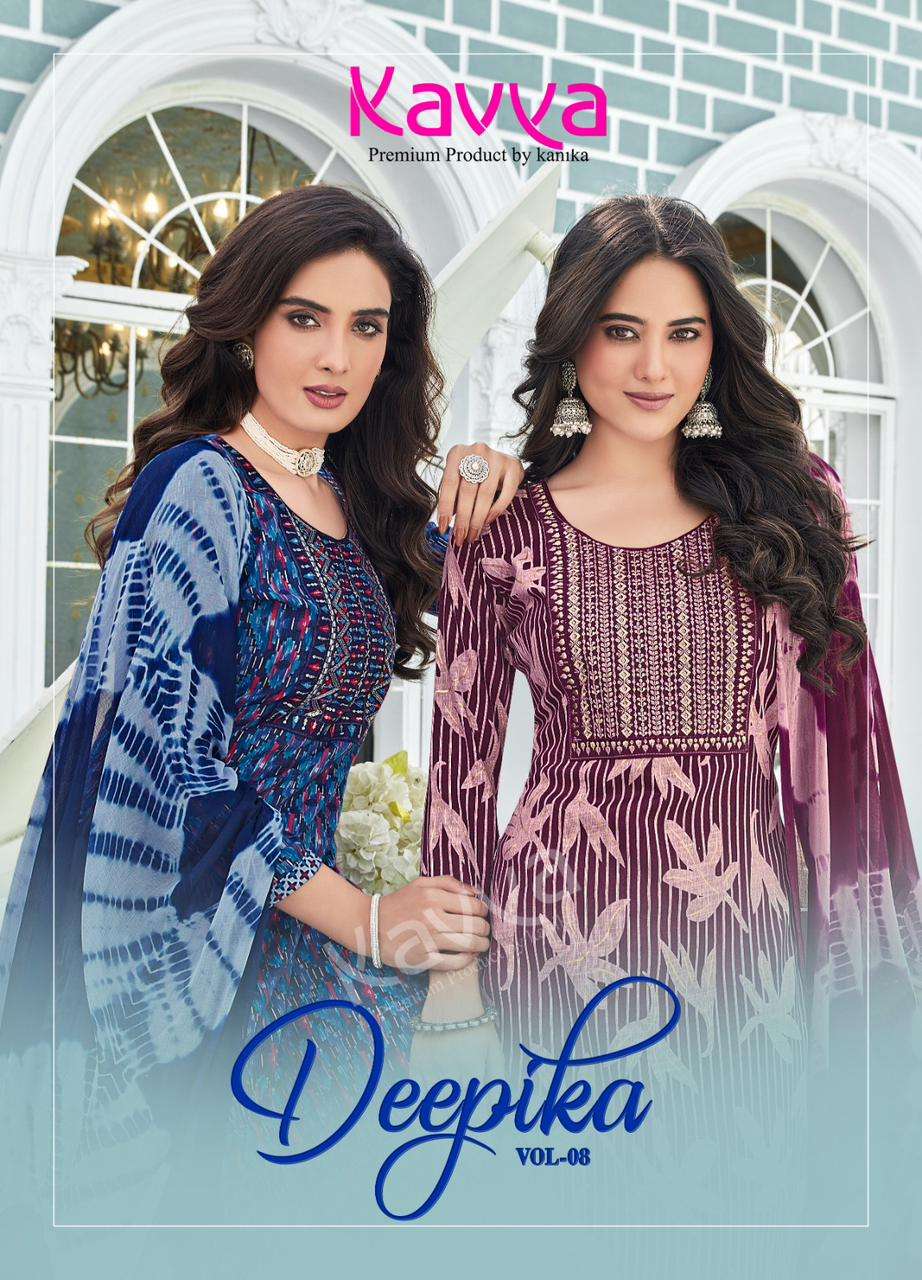 DEEPIKA VOL 8 STRAIGHT EMBRODERY NECK URTI WITH PANT AND NAZMEEN DUPATTA BY KAVYA BRAND WHOLESALER A...