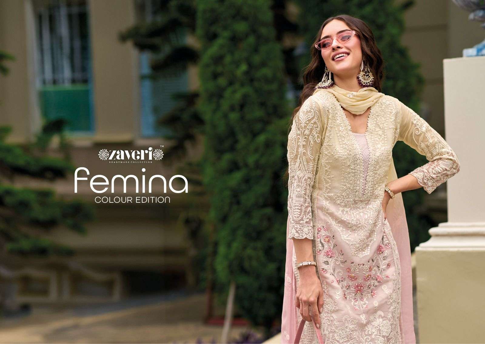 FEMINA COLOUR EDITION SOFT ORGANZA EMBROIDERY AND MOTI WORK KURTI WITH SILK PANT AND DUPATTA BY ZAVE...