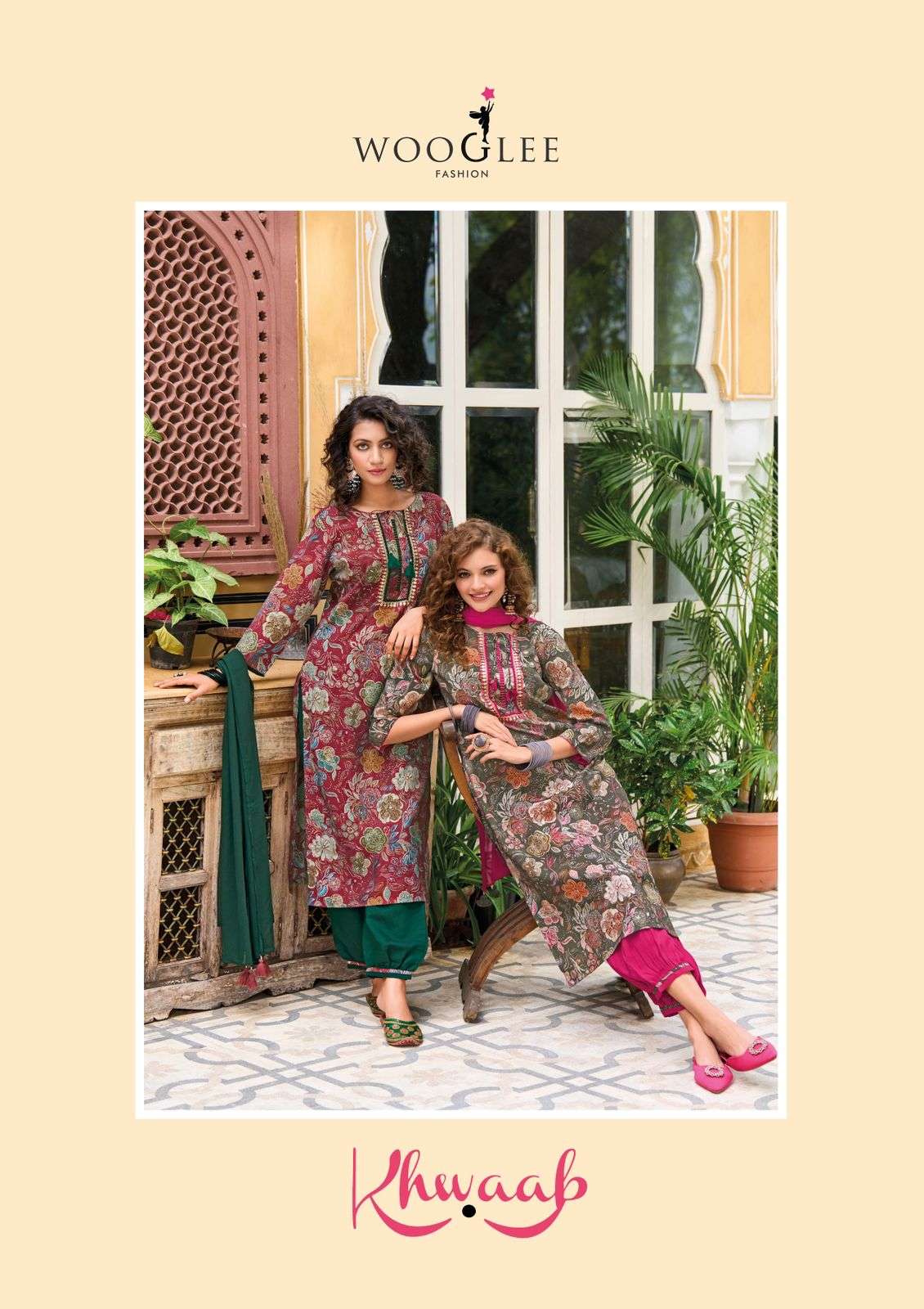 KHWAAB MODAL PRINT EMBROIDERY AND HANDWORK KURTI WITH PANT AND NAZMIN CHIFON DUPATTA BY WOOGLEE BRAN...