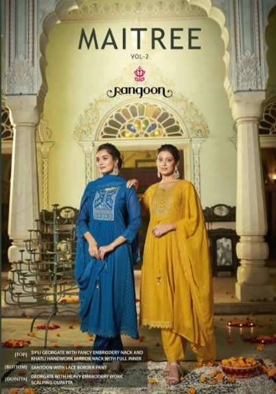 MAITREE VOL 2 SCHIFFLI GEORGATE EMBRODERY AND HANDWORKKURTI WITH SANTOON PANT AND DUPATTA BY RANGOON...