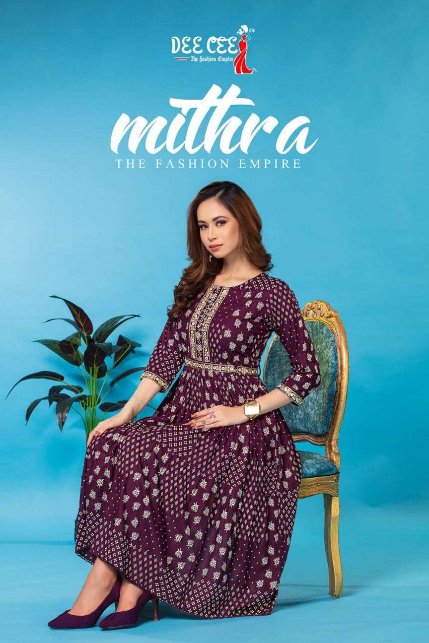 MITHRA RAYON SCREEN PRINT DOUBLE LAYERED FLARED LONG KURTI WITH HANDWORK BELT BY DEECEE BRAND WHOLES...