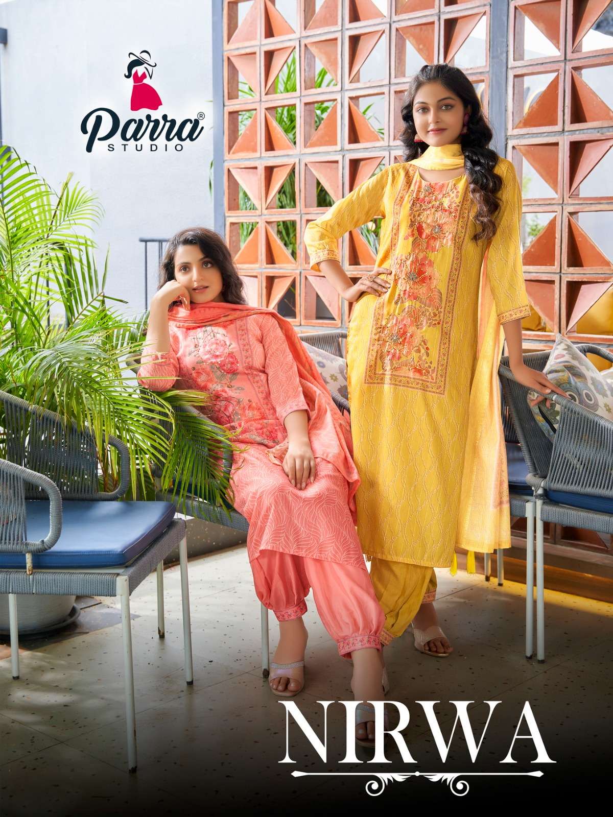 NIRWA MASLIN SEQUENCE DIGITAL PRINT KHATLI WORK KURTI WITH SILK AFGHANI BOTTOM AND ORGENJA DUPATTA B...