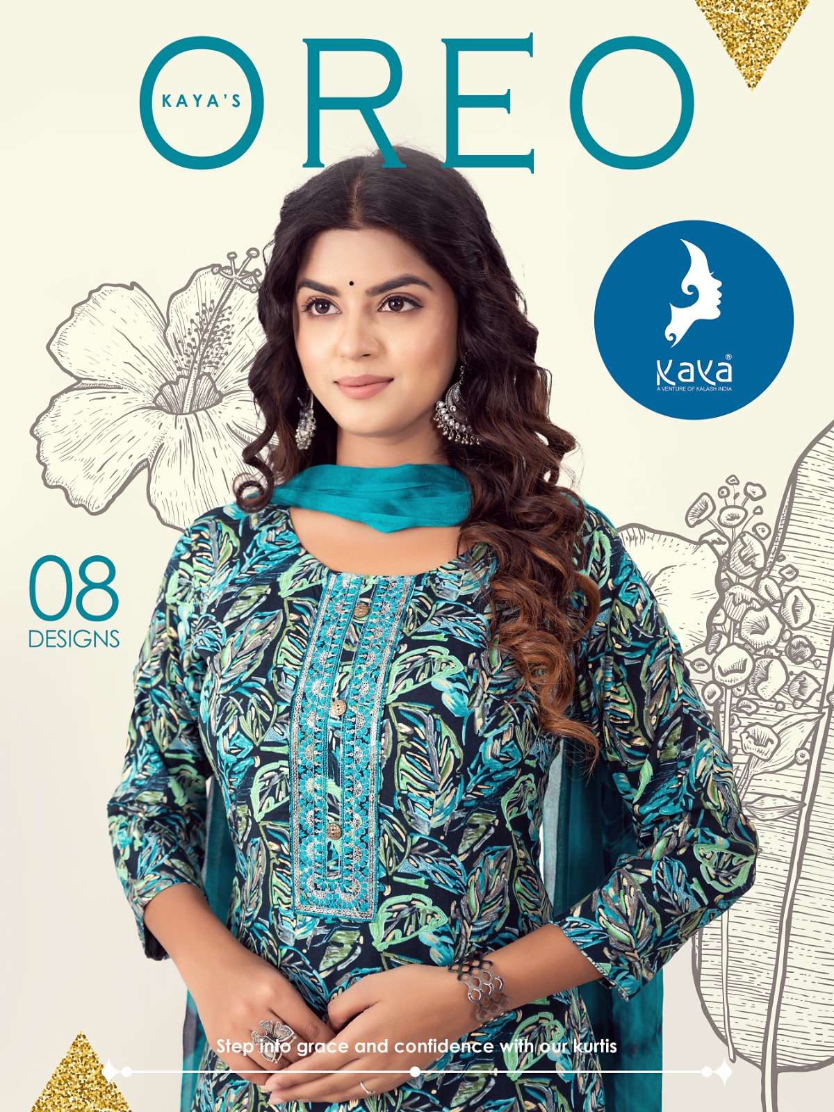 OREO RAYON FOIL PRINT KURTI WITH PANT AND NAZMEEN DUPATTA BY KAYA KURTI BRAND WHOLESALER AND DEALER