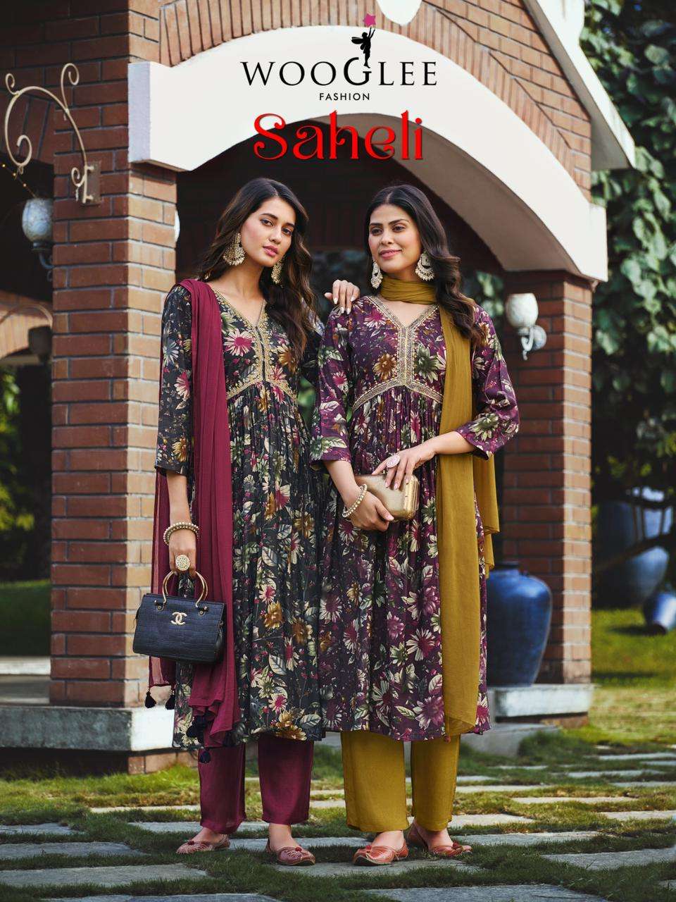 SAHELI MODAL PRINT EMBROIDERY AND HANDWORK ALIA CUT KURTI WITH ROMAN SILK PANT AND NAZMEEN DUPATTA B...