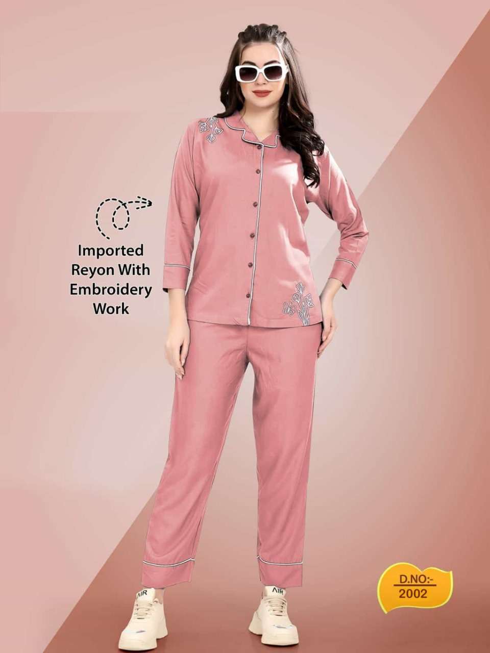 SLEEPWELL VOL 21 IMPORTED ITALIAN REYON FRONT OPEN WITH EMBROIDERY WORK NIGHT SUITS BY S3FOREVER BRA...
