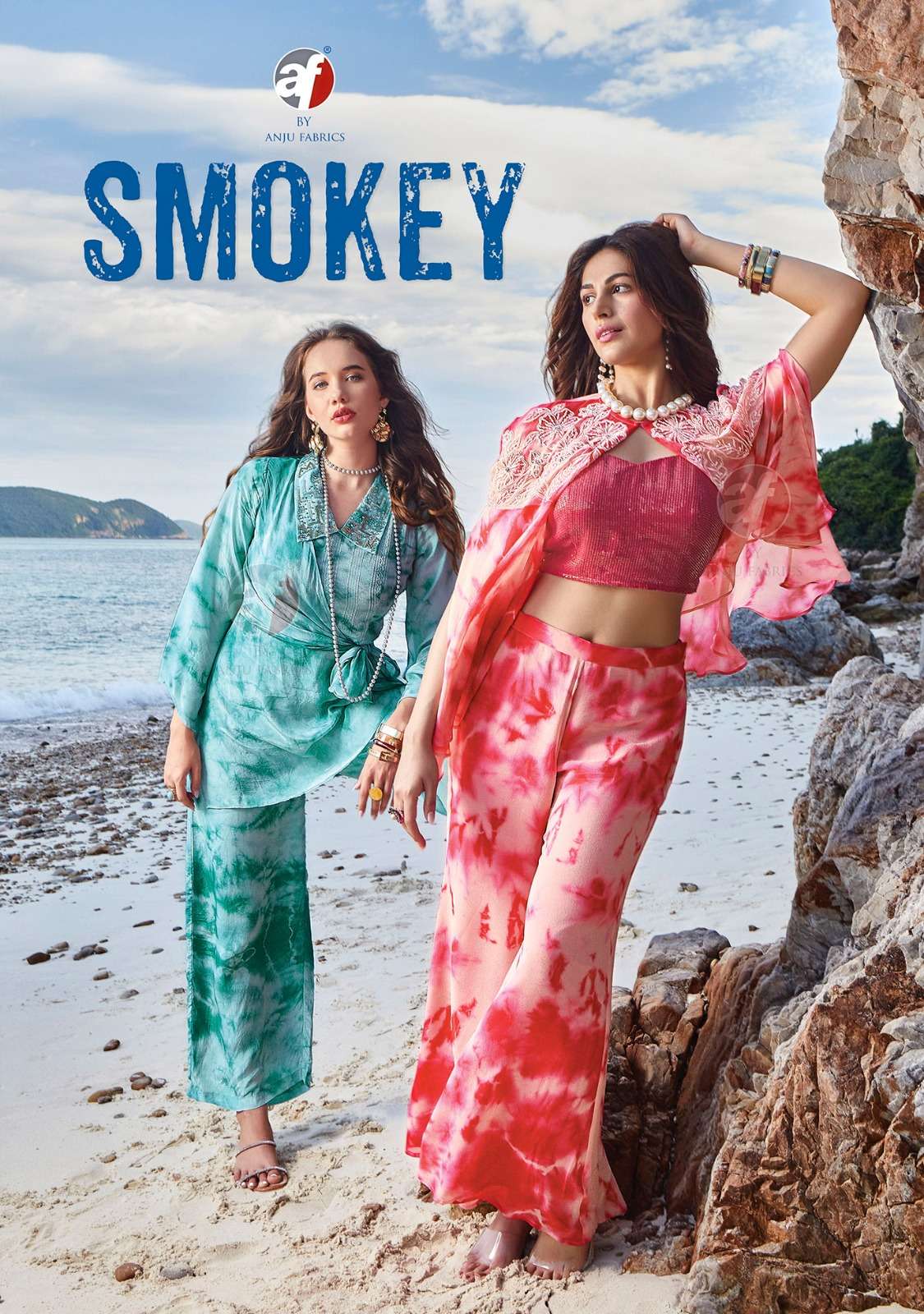 SMOKEY PURE GEORGETTE CHINON AND CREPE FABRIC TIE DIE PRINT HANDWORK CO ORD SET BY AF BRAND WHOLESAL...