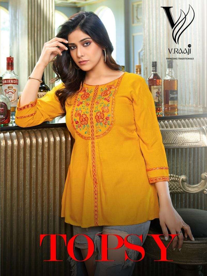 TOPSY VISCOSE RAYON EMBROIDERY WORK SHORT TOP BY V.RAAJI BRAND WHOLESALER AND DEALER