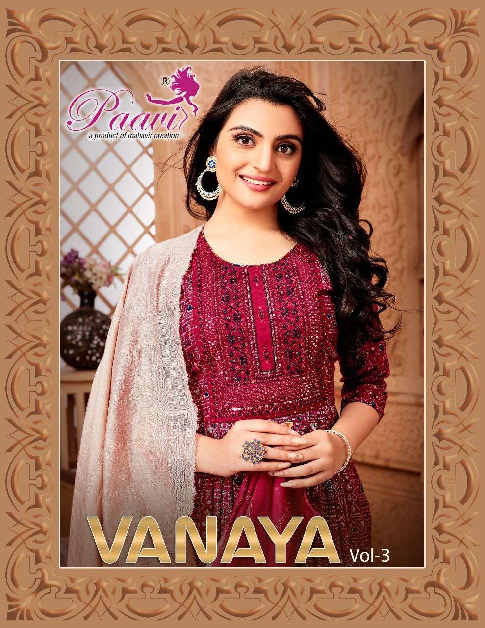 VANAYA VOL 3 REYON CAPSUL PRINT SEQUANCE WORK KURTI WITH PANT AND MODAL SEQUENCE DUPATTA BY PAAVI BR...