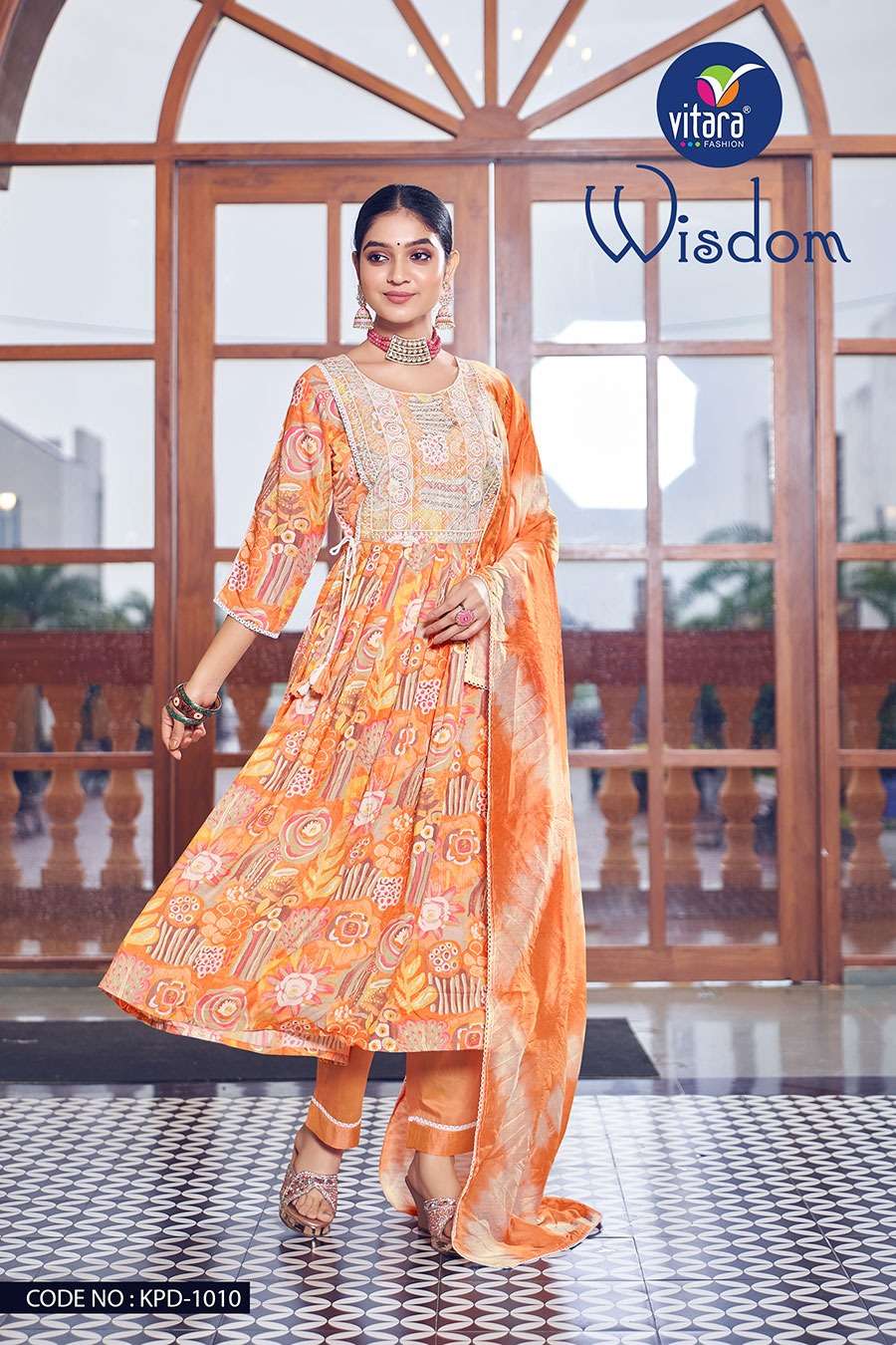  WISDOM HEAVY REYON FOIL PRINT WITH EMBROIDERY WORK KURTI WITH PANT AND DUPATTA BY VITARA BRAND WHOL...
