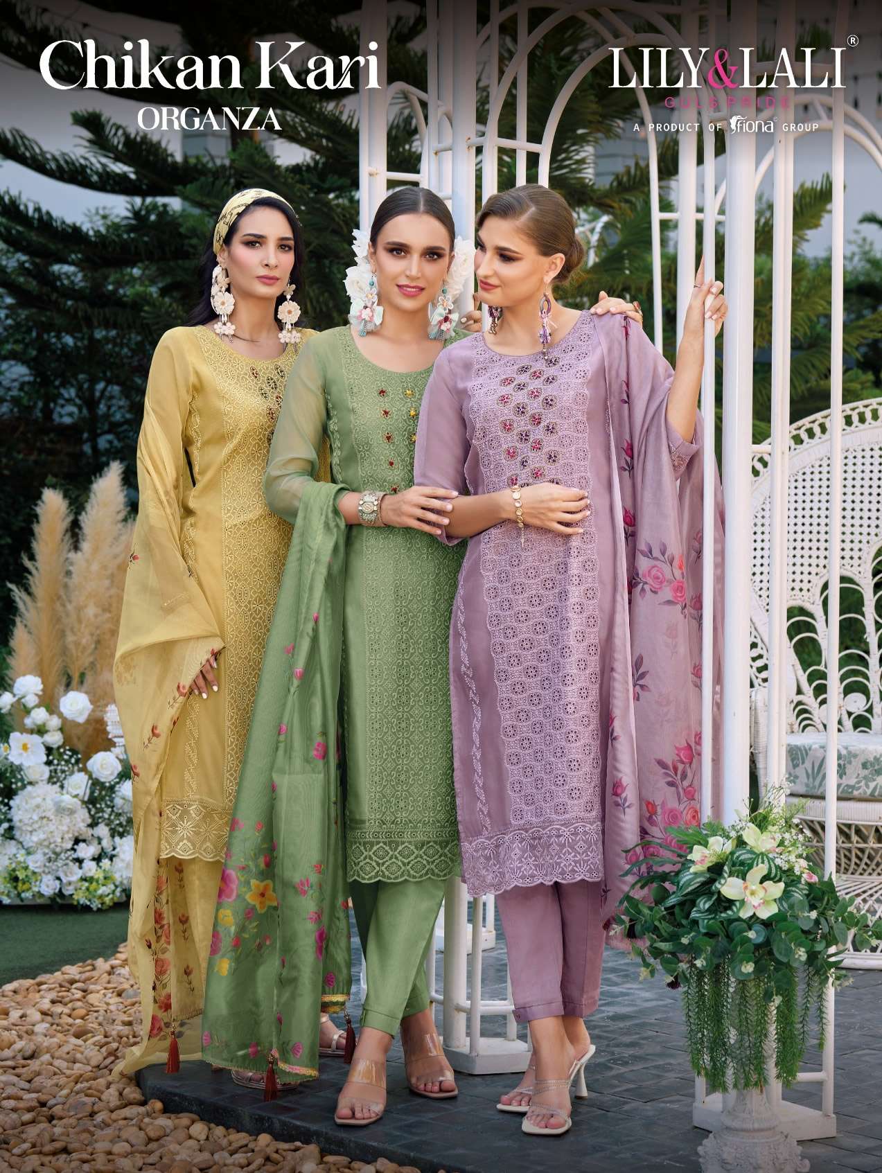 CHIKANKARI ORGANZA SCHIFFLI AND HANDWORK ORGANZA  KURTI WITH VISCOSE PANT AND DUPATTA BY LILY AND LA...