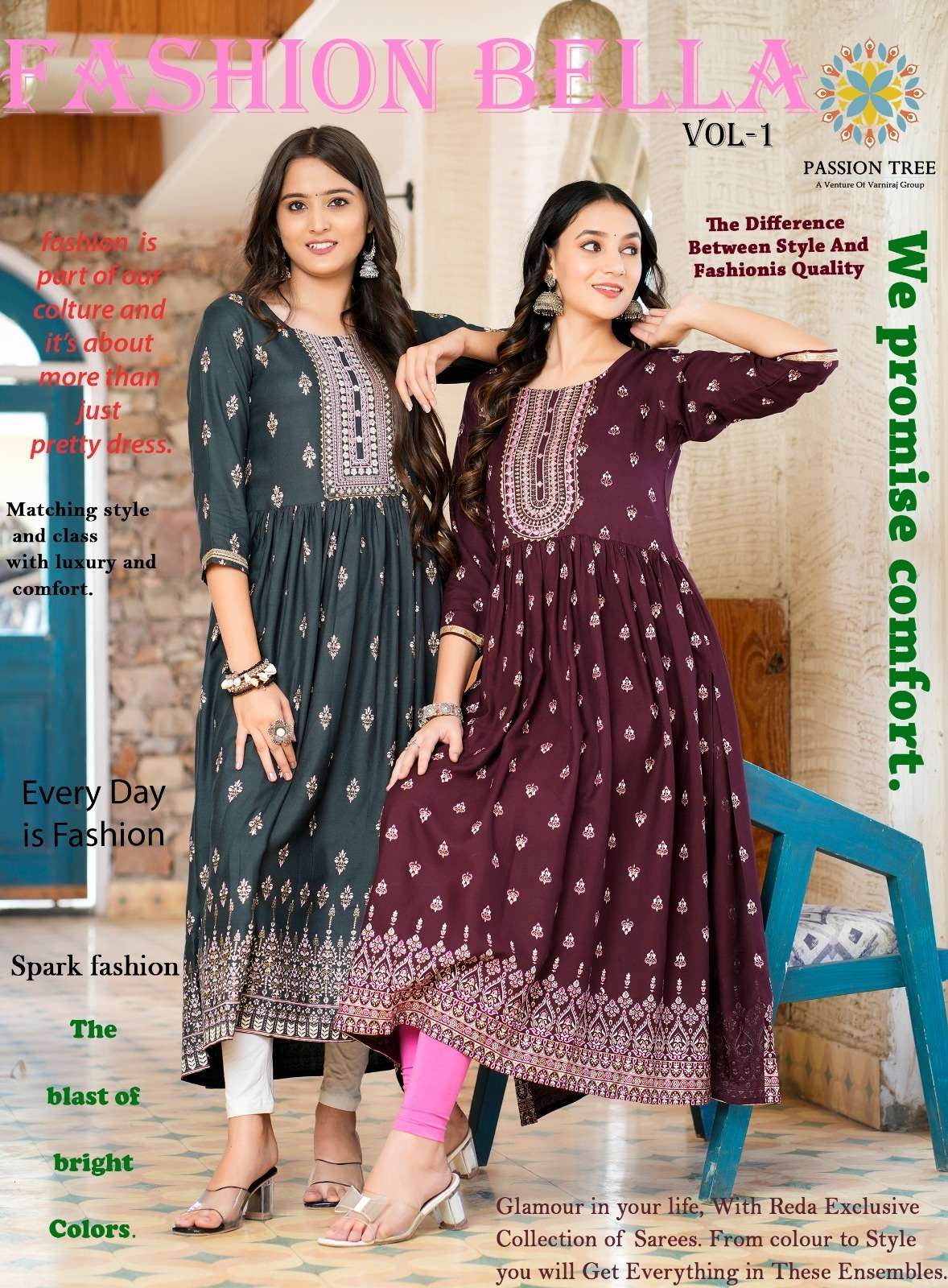 FASHION BELLA RAYON FOIL PRINTED NAYRA CUT LONG KURTI BY PASSION TREE BRAND WHOLESALER AND DEALER