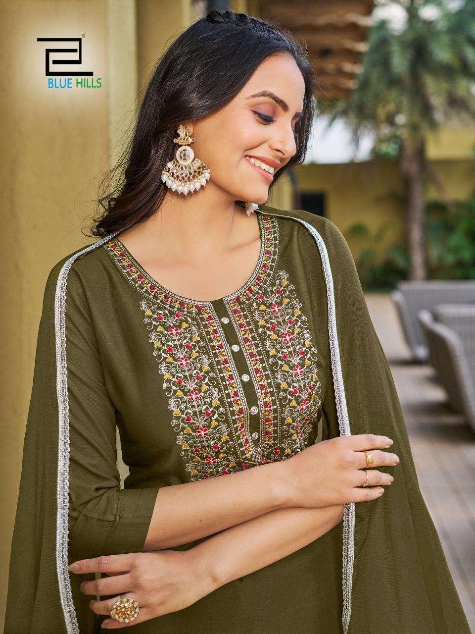 JANNAT RAYON 14 KG ZARI WITH MULTI COLOR THREAD WORK KURTI WITH PANT AND NAZMIN DUPATTA BY BLUE HILL...