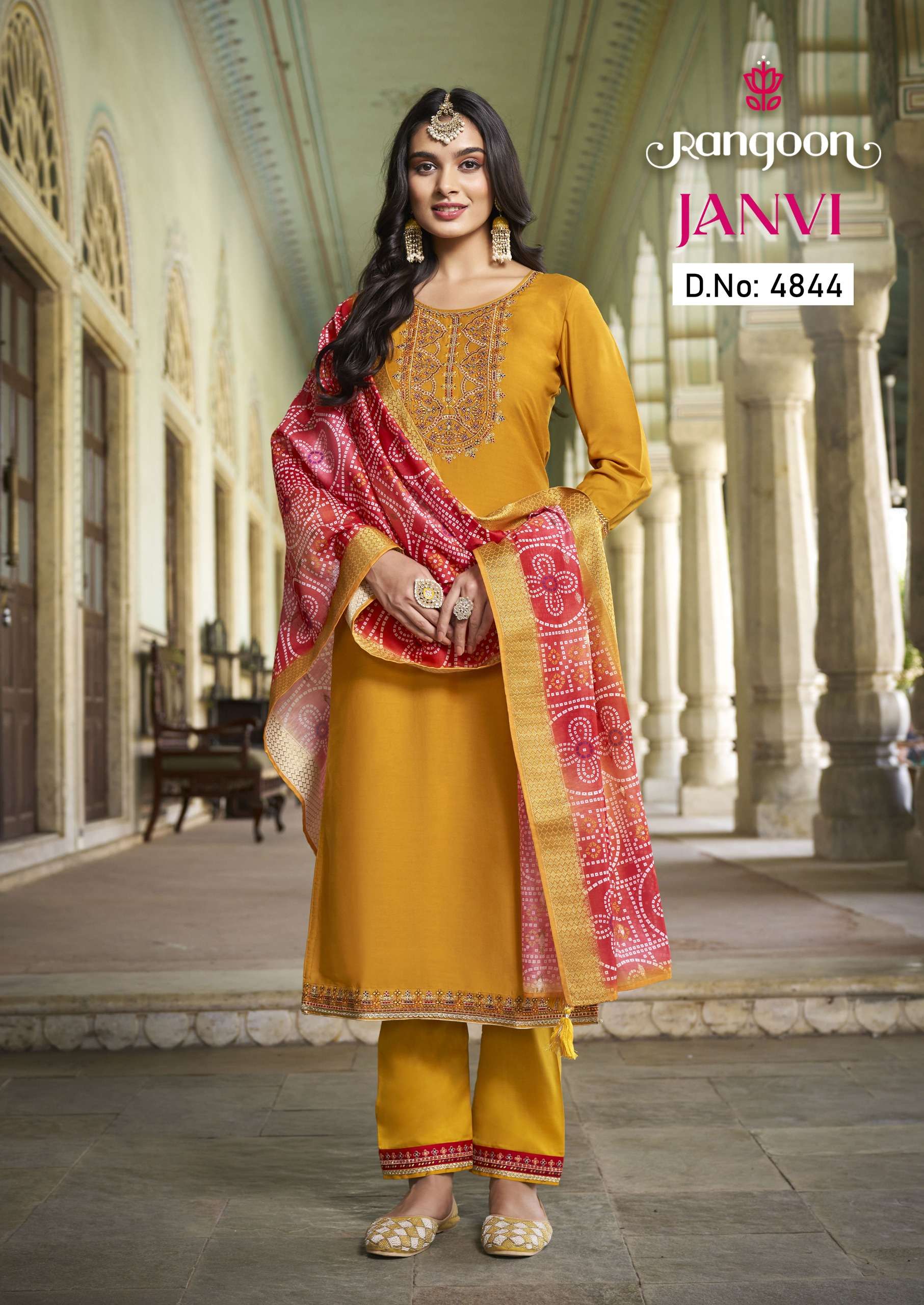 JANVI SILK MUSLIN EMBROIDERY WORK KURTI WITH PANT AND JAQUARD DIGITAL PRINT DUPATTA BY RANGOON BRAND...