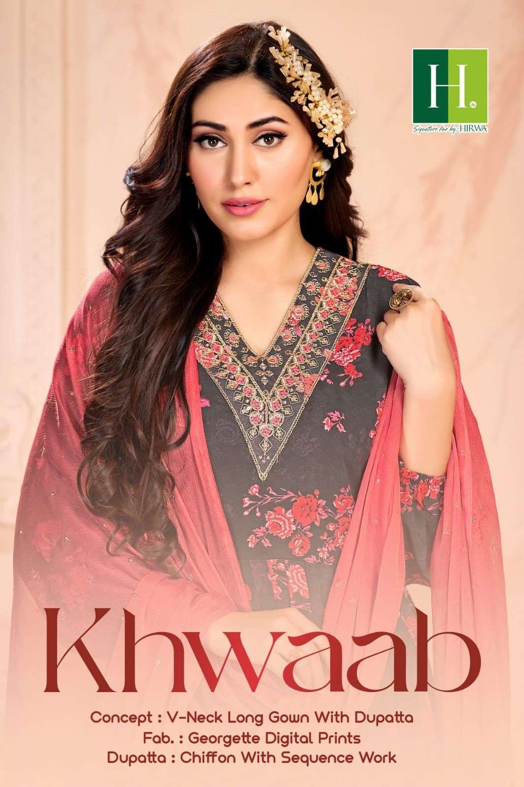 KHWAAB GEORGETTE DIGITAL PRINTS WITH V NECK EMBROIDERY WORK LONG KURTI WITH CHIFFON SEQUENCE DUPATTA...