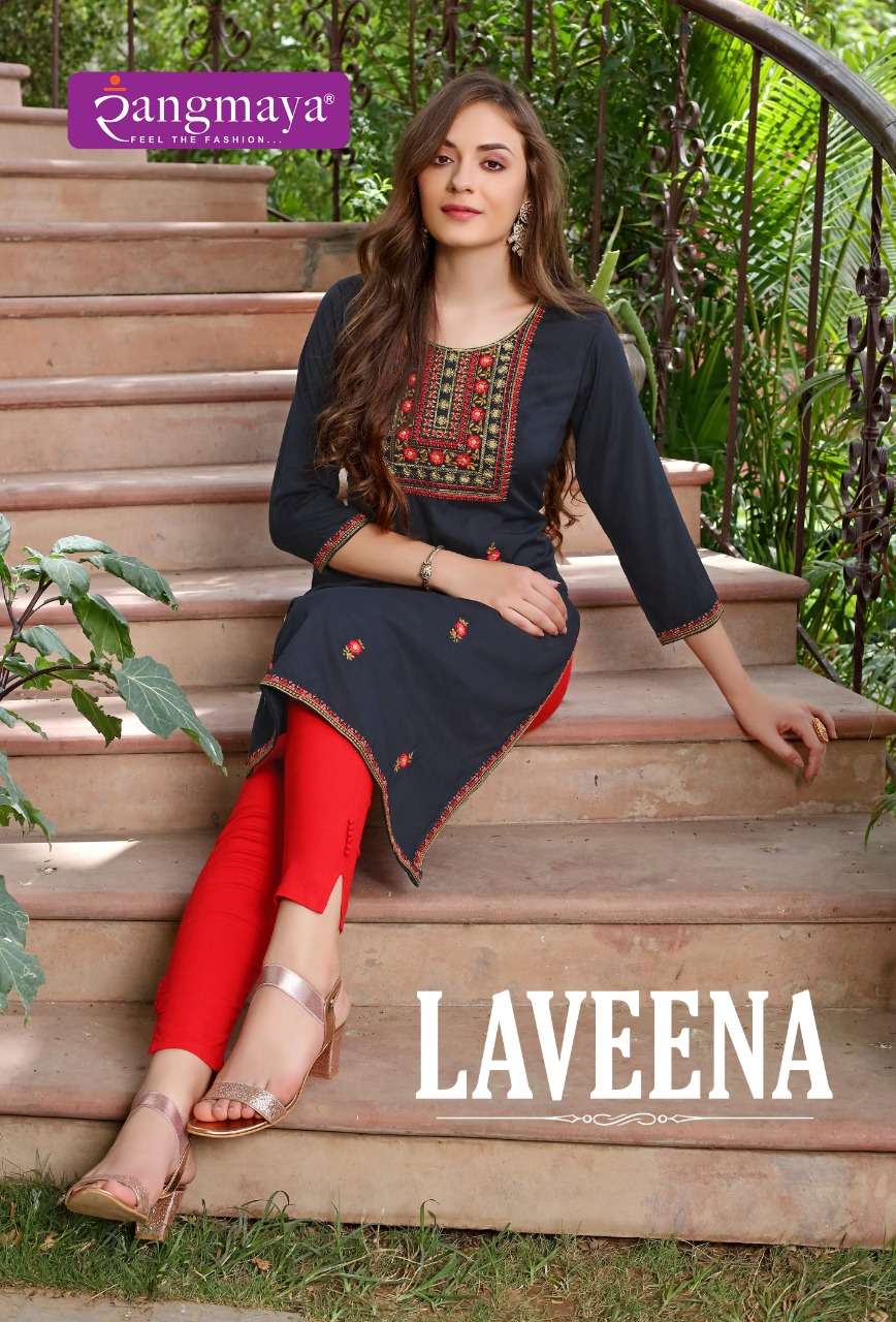 LAVEENA BOMBAY IMPORTED FABRIC EMBROIDERY WORK CASUAL KURTI BY RANGMAYA BRAND WHOLESALER AND DEALER