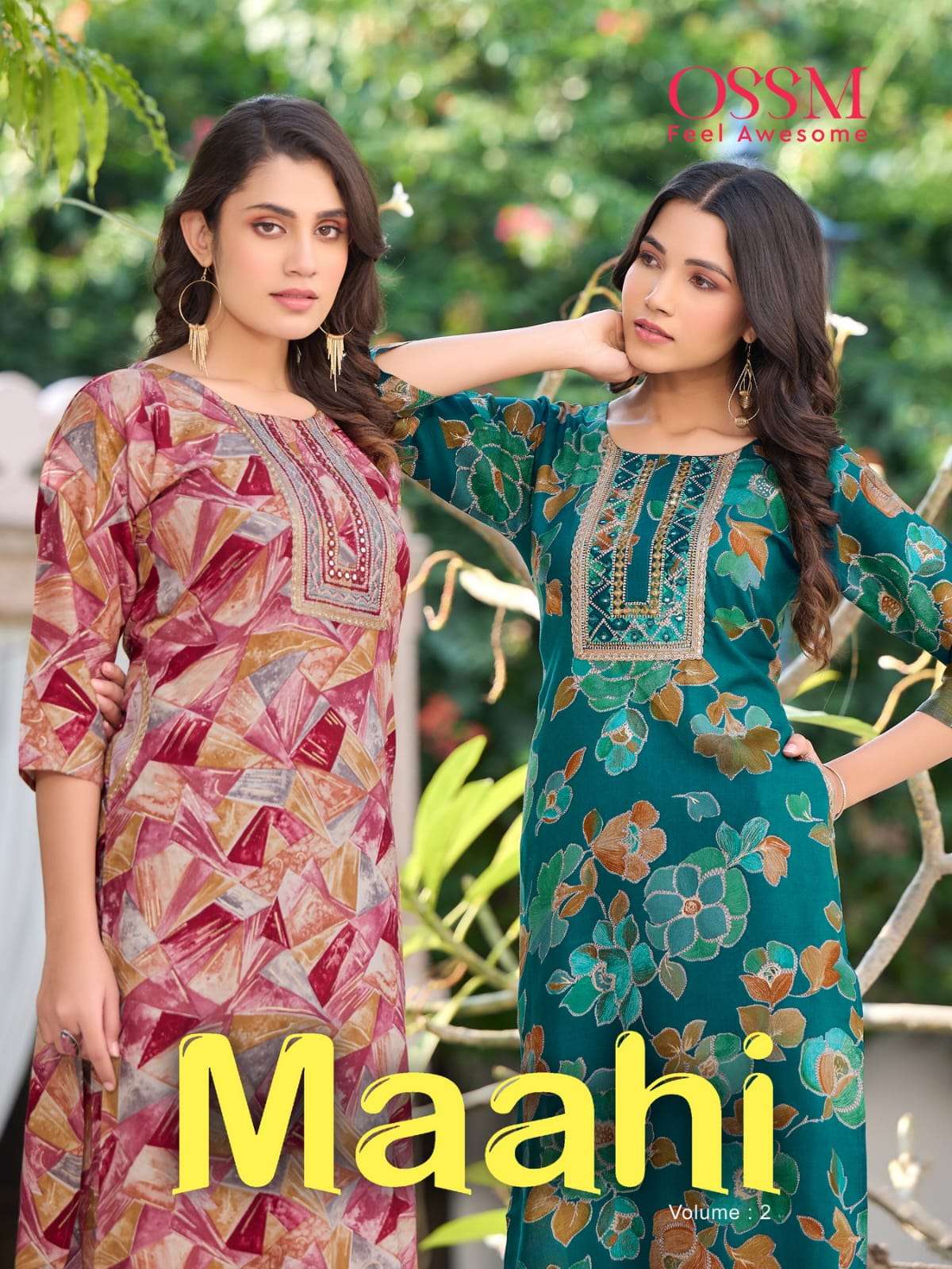 MAAHI VOL 2 REYON 16KG PRINT EMBROIDERY WORK KURTI WITH AFGHANI BOTTOM B OSSM BRAND WHOLESALER AND D...