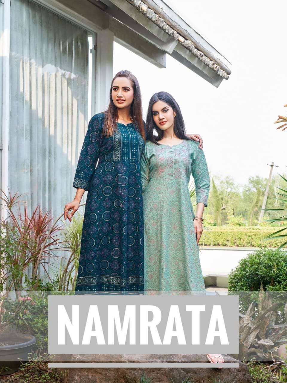 NAMRATA 14 KG RAYON GOLD FOIL PRINTED LONG GOWN STYLE KURTI BY RANGJYOT BRAND WHOLESALER AND DEALER