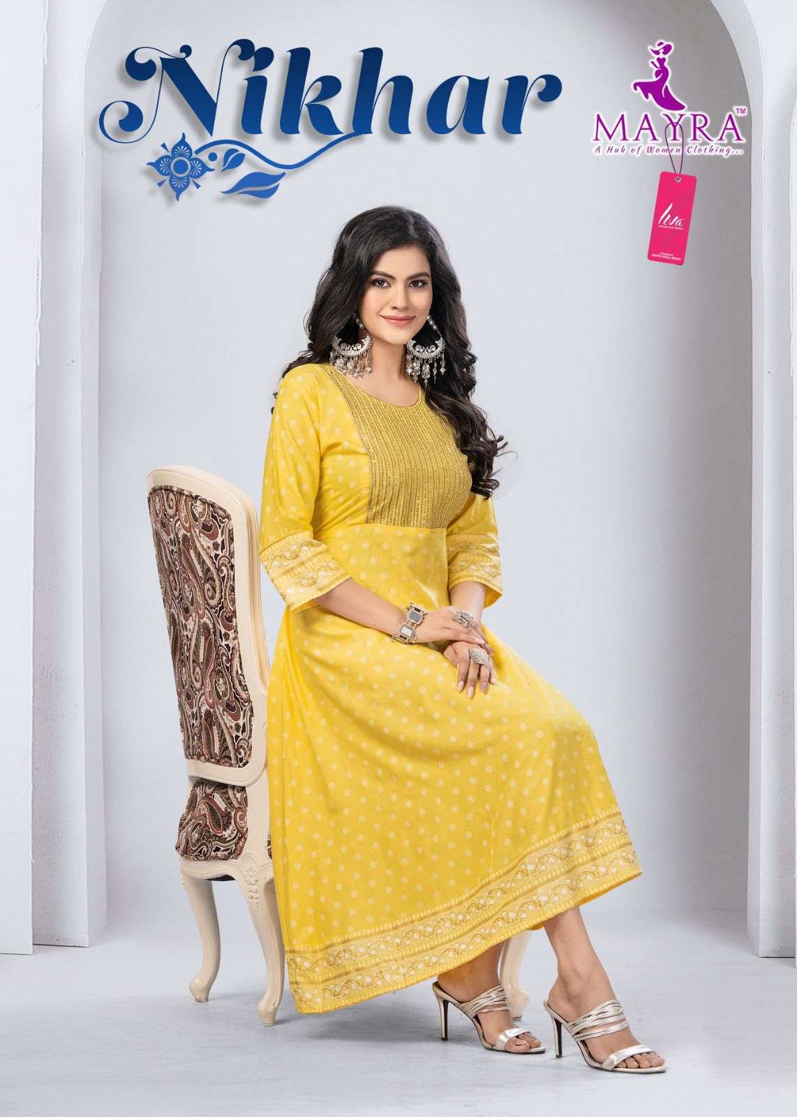 NIKHAR HEAVY LIVA TAG VISCOSE REYON EMBROIDERY WORK UMBERALLA CUT KURTI BY MAYRA BRAND WHOLESALER AN...