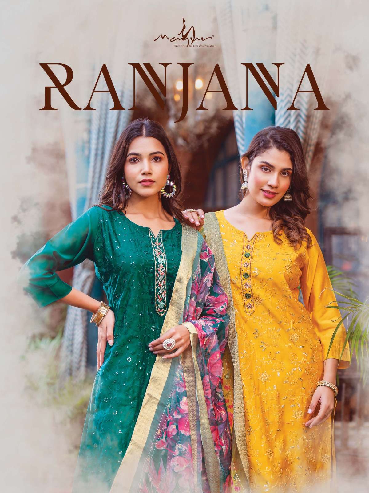 RANJANA ROMAN SILK HANDWORK KURTI WITH PANT AND DIGITAL ORGANZA JACQUARD FLORAL DUPATTA BY MAYUR BRA...