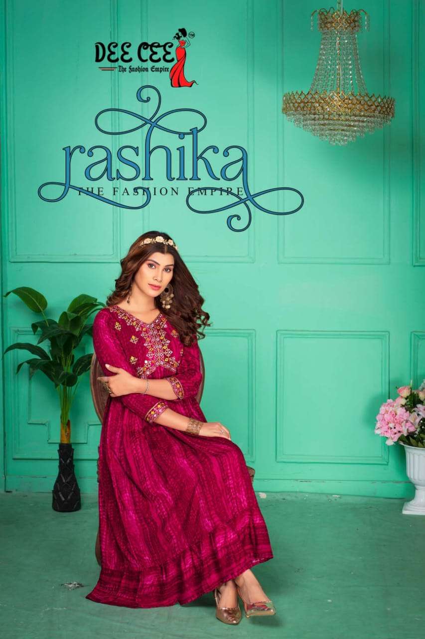 RASHIKA RAYON SIBURI PRINT DOUBLE FLARED EMBROIDERY WORK ALIA CUT KURTI BY DEECEE BRAND WHOLESALER A...