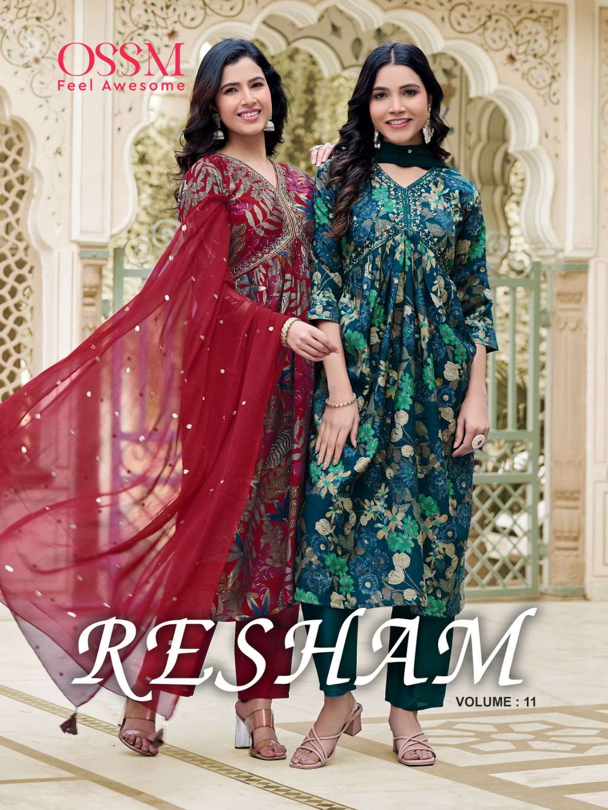 RESHAM VOL 11 CHANDERI MODAL FOIL PRINT EMBROIDERY AND MIRROR WORK KURTI WITH PANT AND NAZNIN SEQUEN...