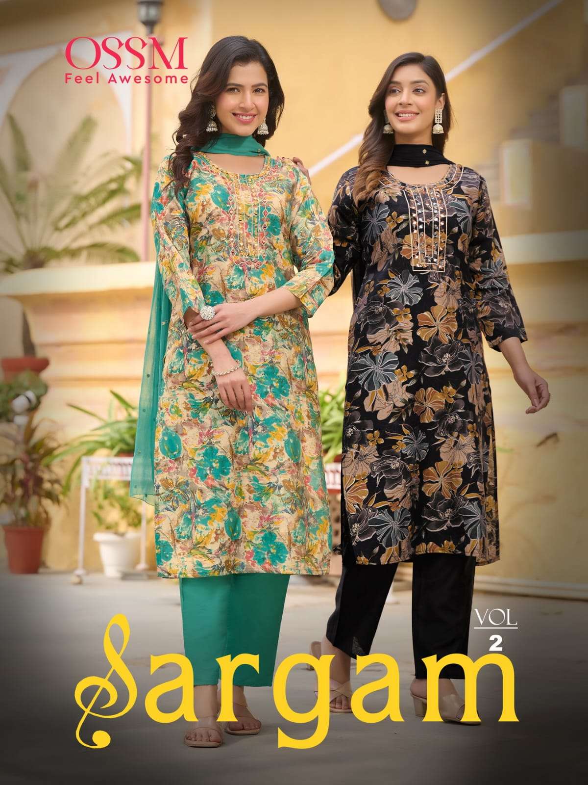 SARGAM VOL 2 CHANDERI MODAL EMBROIDERY AND MIRROR WORK KURTI WITH PANT AND NAZNIN SEQUENCE WORK DUPA...
