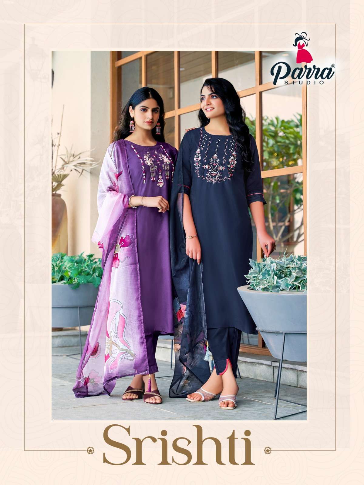 SRISHTI ROMAN SILK KHATLI WORK KURTI WITH PANT AND ORGANZA DIGITAL PRINT DUPATTA BY PARRA STUDIO BRA...