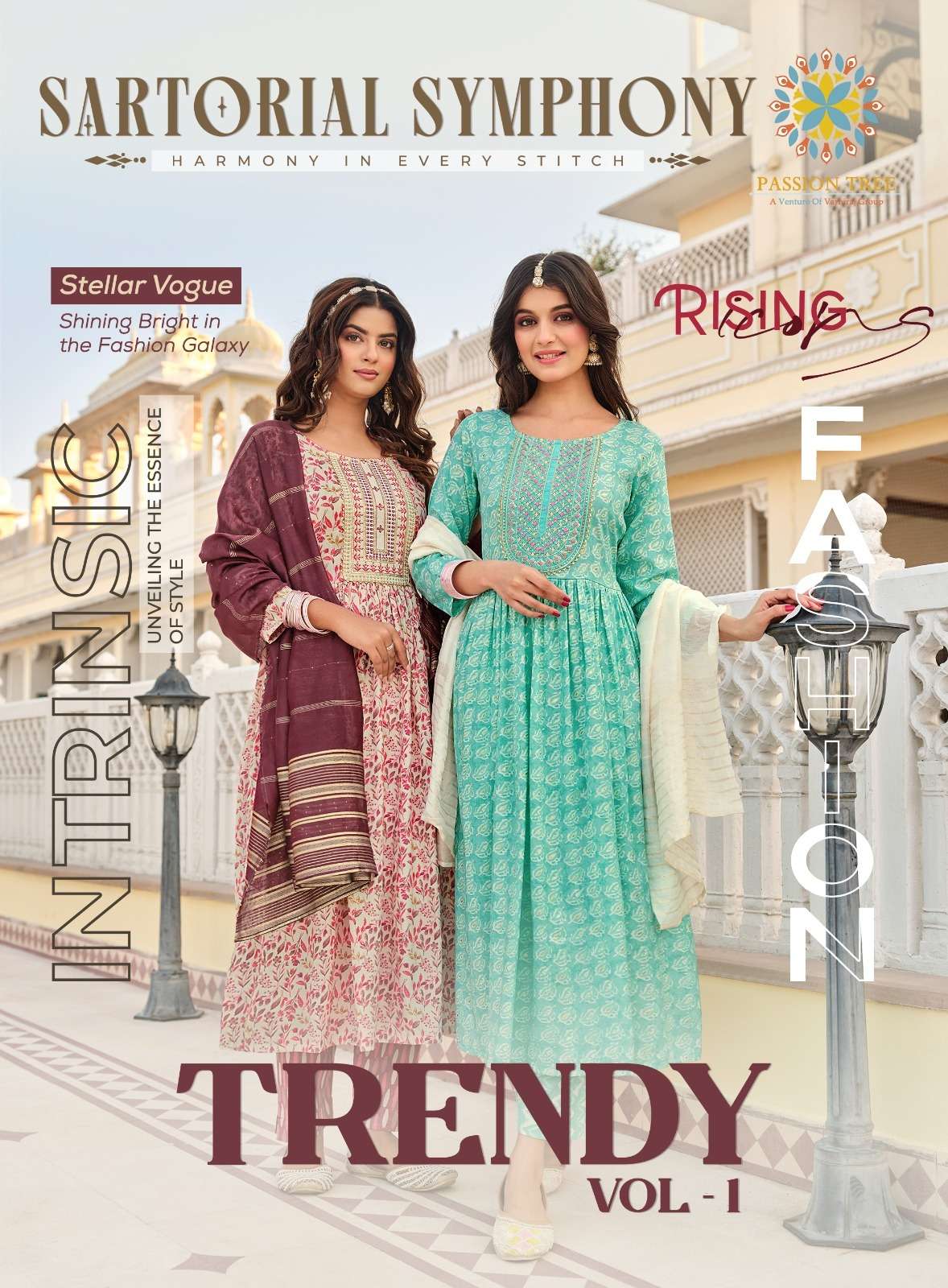 TRENDY VOL 1 CAPSUL FOIL PRINT EMBROIDERY WORK NYRA CUT KURTI WITH PANT AND JAQUARD DUPATTA BY PASSI...
