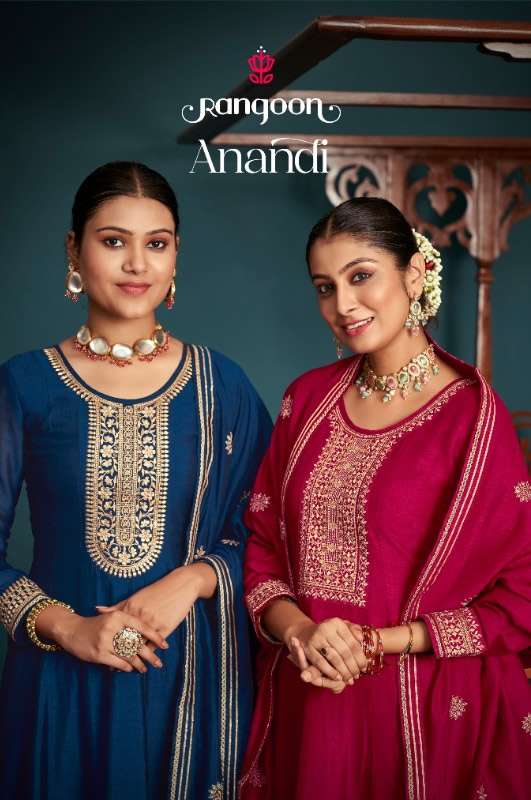 ANANDI SILK EMBROIDERY WORK ANARKALI STYLE KURTI WITH PANT AND DUPATTA BY RANGOON BRAND WHOLESALER A...