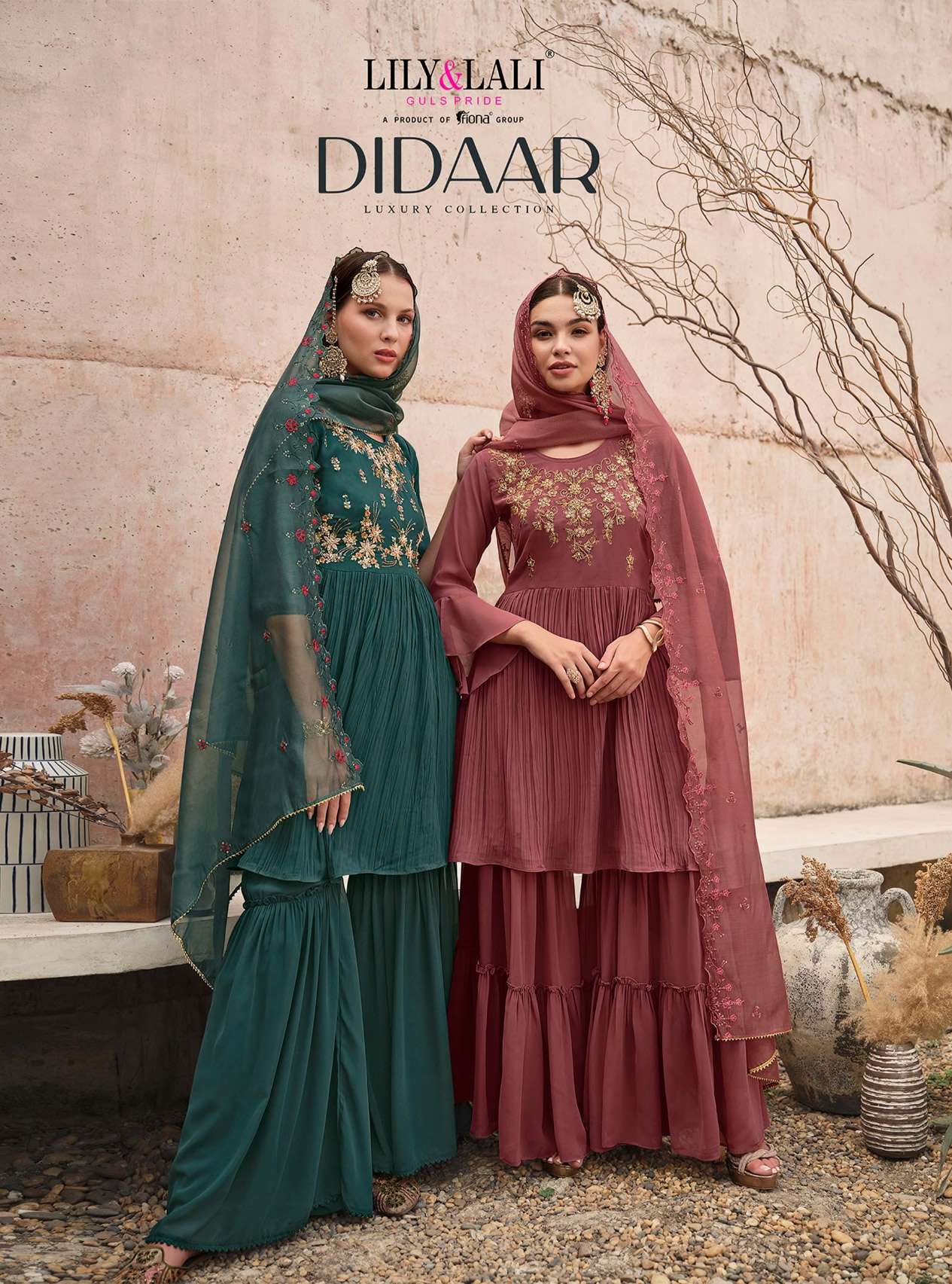 DIDAAR HEAVY GEORGETTE HANDWORK KURTI WITH GHARARA AND ORGANZA DUPATTA BY LILY AND LALI BRAND WHOLES...