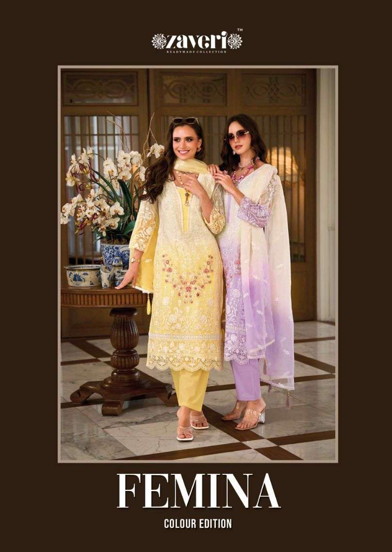 FEMINA COLOUR EDITION SOFT ORGANZA EMBROIDERY WORK KURTI WITH SILK PANT AND ORGANZA DUPATTA BY ZAVER...