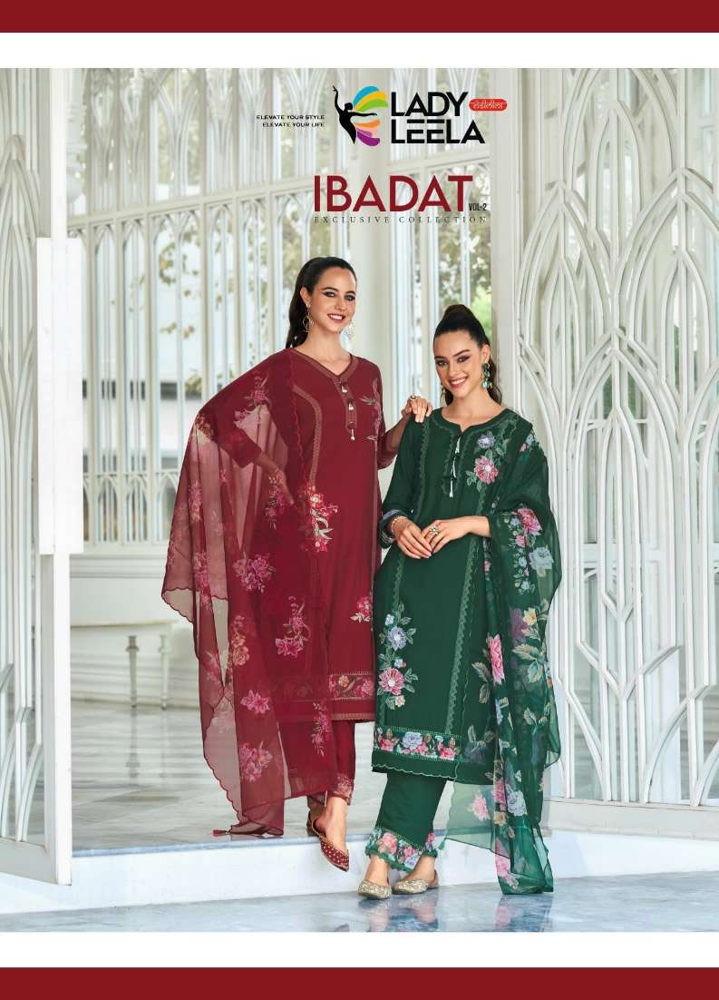 IBADAT VOL 2 VISCOSE SILK HANDWORK  KURTI WITH PANT AND ORGANZA DIGITAL PRINT DUPATTA BY LADY LEELA ...