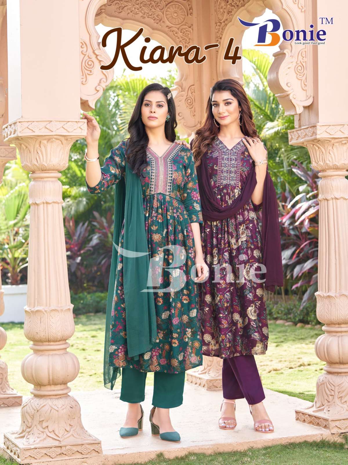 KIARA VOL 4 HEAVY CHANDERI PRINTS DORI SEQUENCE WORK KURTI WITH PANT AND DUPATTA BY BONIE BRAND WHOL...