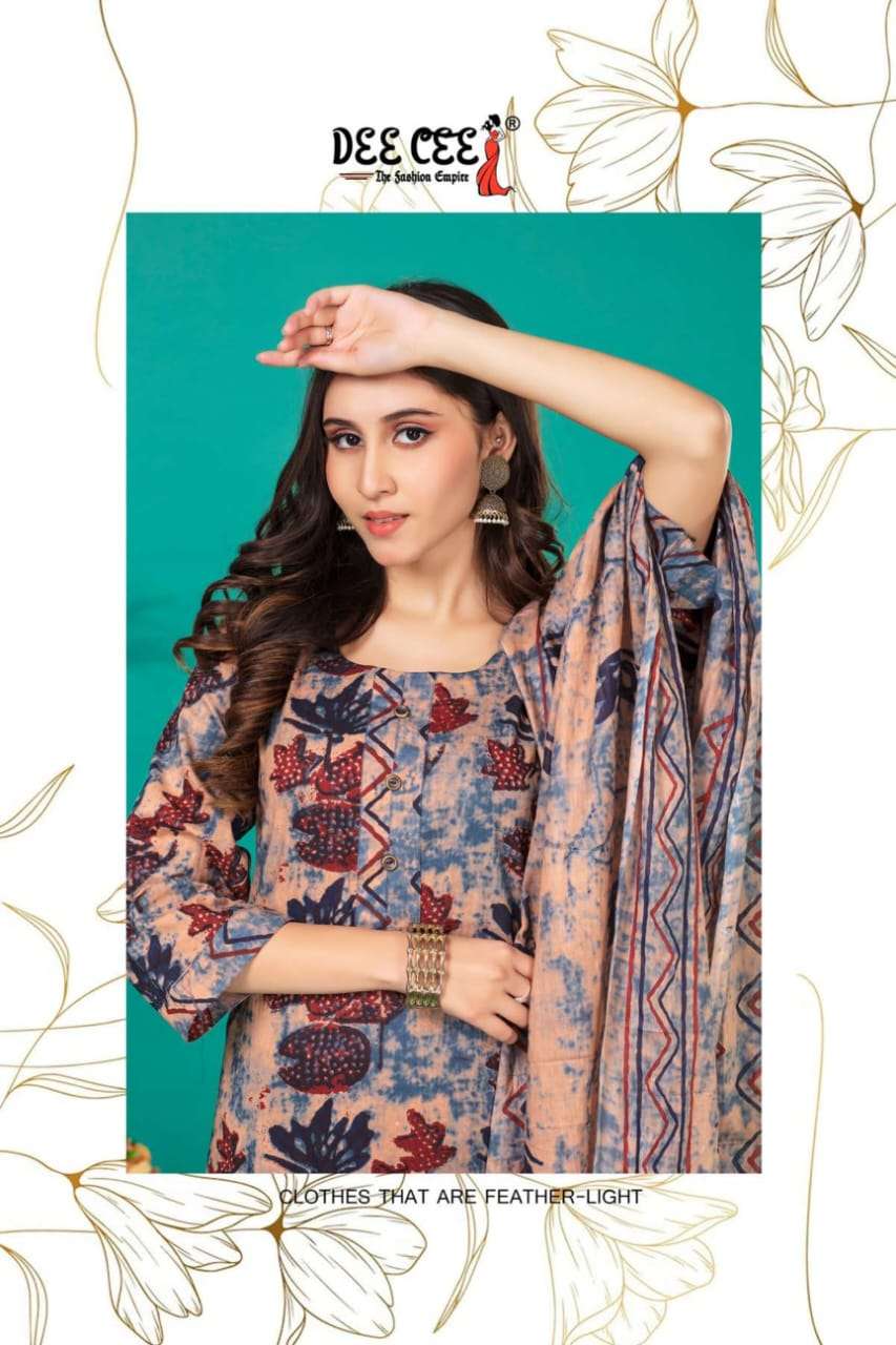 KRISHA COTTON CAMBRIC PRINTED KURTI WITH PANT AND MUD DUPATTA BY DEECEE BRAND WHOLESALER AND DEALER