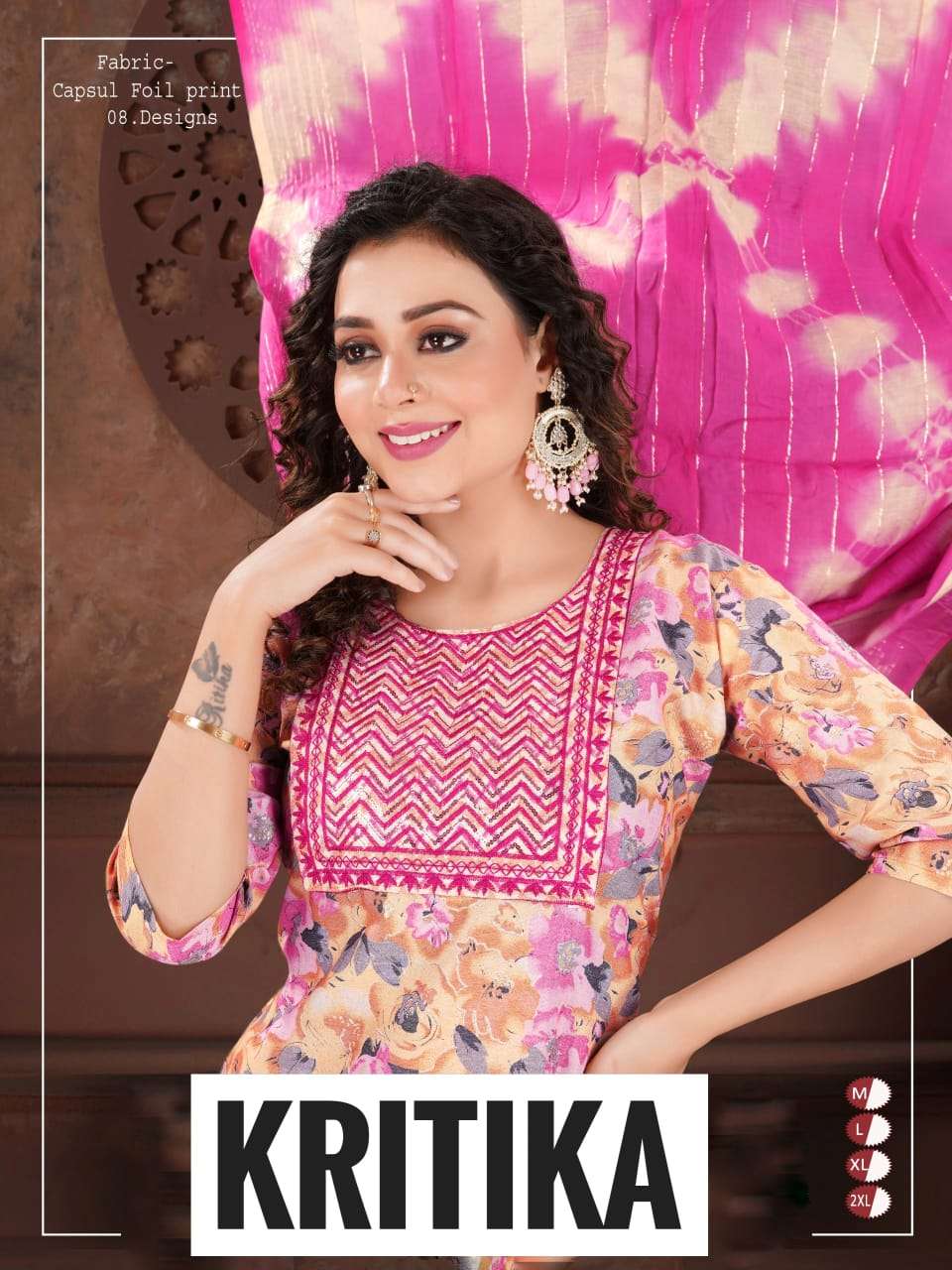 KRITIKA CAPSULE FOIL PRINT SEQUENCE WORK KURTI WITH PANT AND SHIBORI PRINT DUPATTA BY RANGJYOT BRAND...