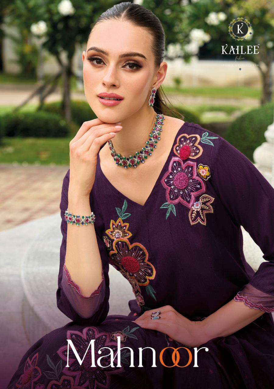 MAHNOOR PURE VISCOSE HANDWORK AND ACCESSORY  WORK KURTI WITH PANT AND ORANZA DUPATTA BY KAILEE BRAND...