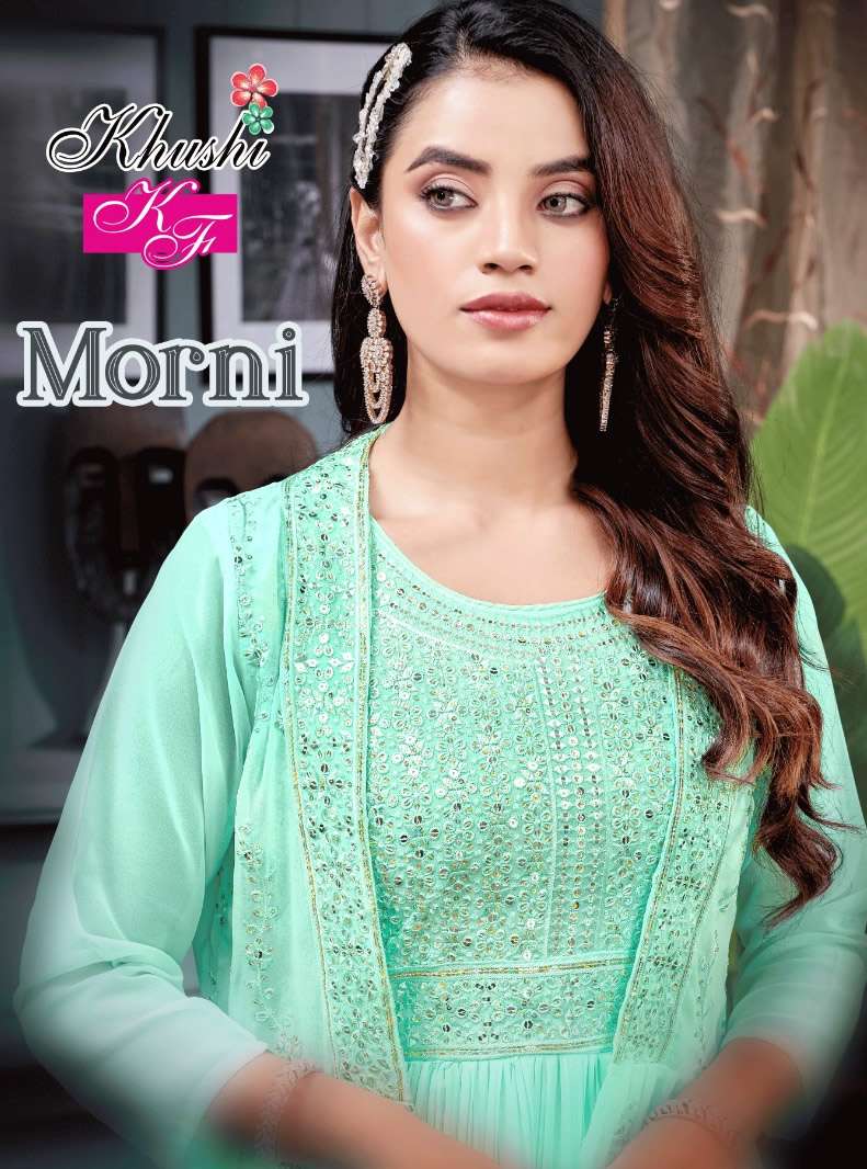 MORNI GEORGETTE EMBROIDERY WORK LONG DESIGNER KURTI WITH JACKET BY KF BRAND WHOLESALER AND DEALER