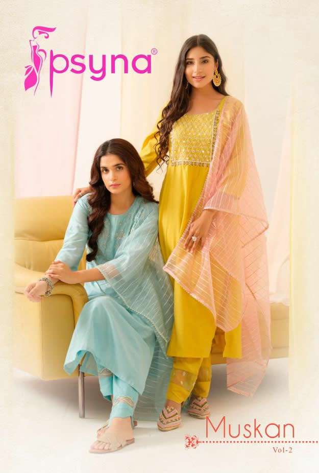 MUSKAN VOL 2 VISCOSE CHANDERI EMBROIDERY AND HANDWORK KURTI WITH COTTON PANT AND ORGANZA DUPATTA BY ...