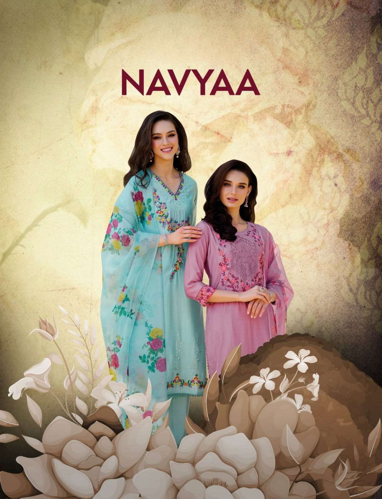 NAVYAA MILAN SILK  EMBROIDERY AND HANDWORK KURTI WITH VISCOUSE PANT AND ORGANZA PRINT DUPATTA BY S3F...