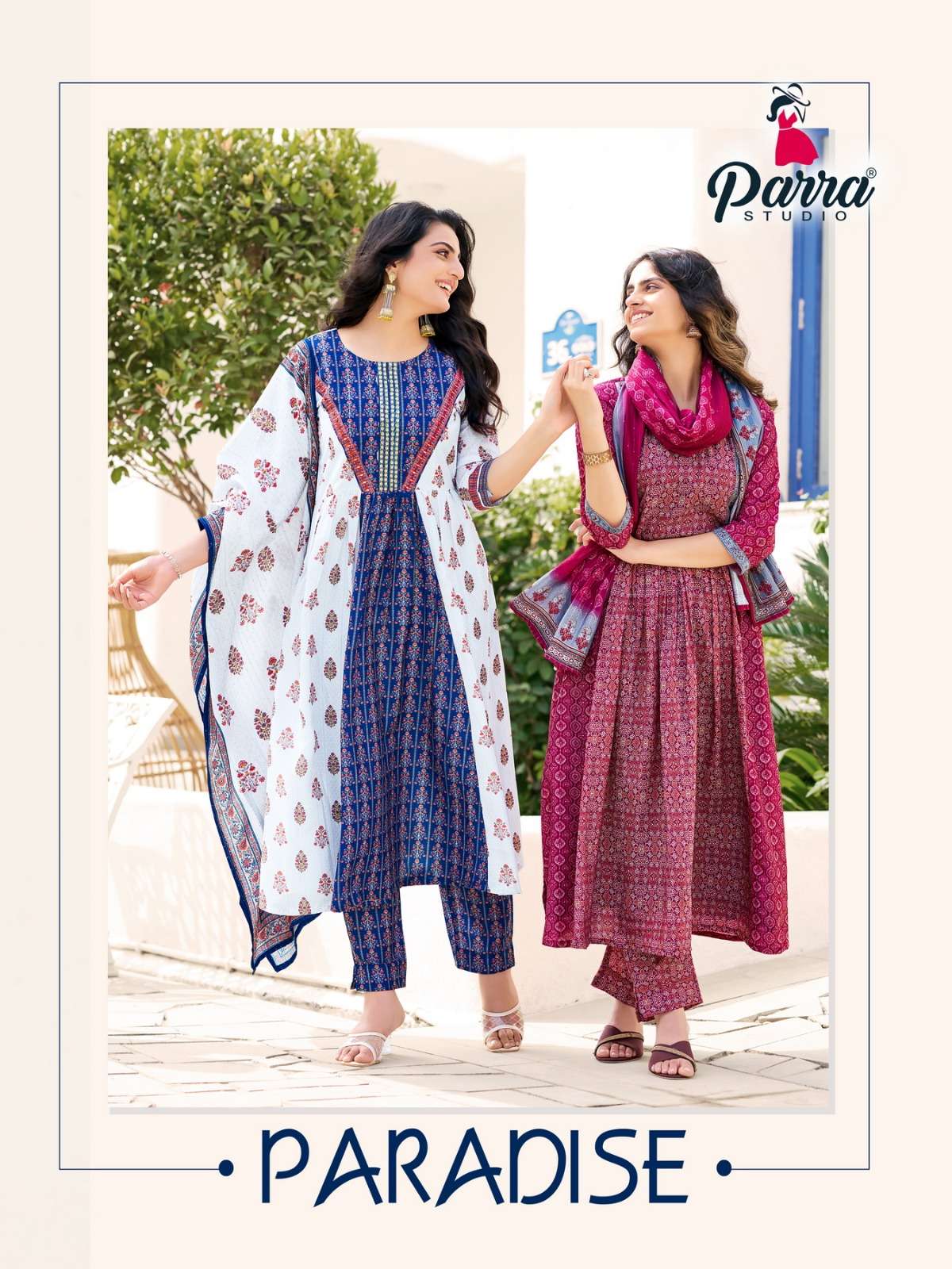 PARADISE MASLIN DIGITAL PRINT MIRROR WORK KURTI WITH PANT AND CROSET DIGITAL PRINT DUPATTA BY PARRA ...