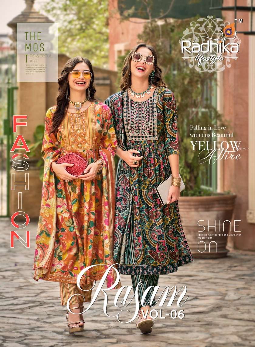 RASAM VOL 6 PURE MODAL MUSLIN PRINT EMBROIDERY WORK KURTI WITH PANT AND DUPATTA BY RADHIKA LIFESTYLE...