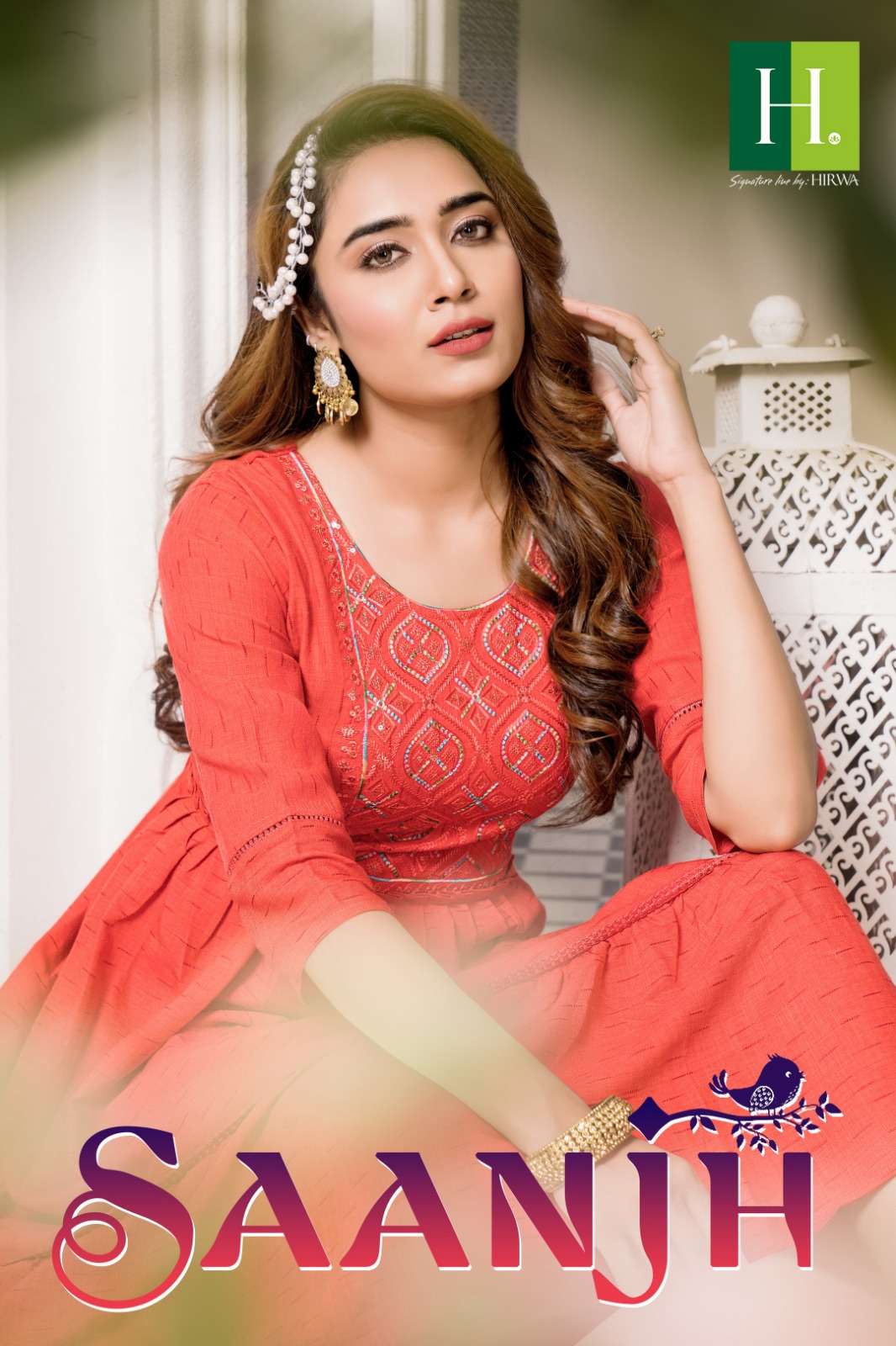 SAANJH HEAVY VISCOSE RAYON WEAVING EMBROIDERY WORK GHERA KURTI BY HIRWA BRAND WHOLESALER AND DEALER