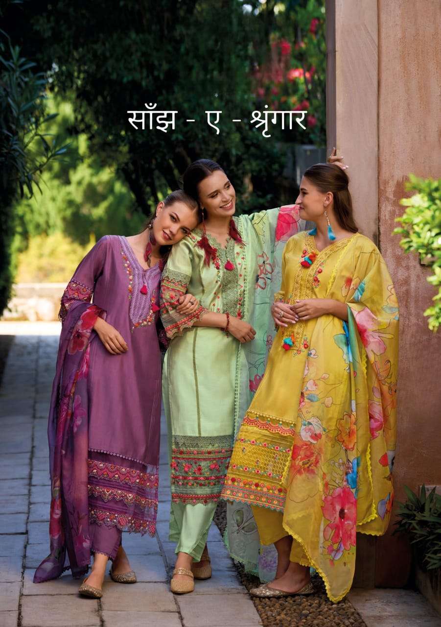 SANJ A SHRUNGAR VISCOSE SILK THREAD AND HANDWORK KURTI WITH MASLIN PANT AND ORGENJA DIGITAL PRINTS D...