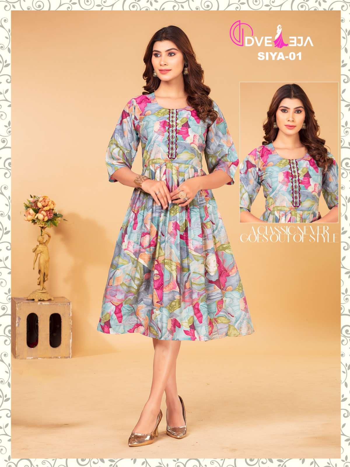 SIYA SERIES MODAL CHANDERI MIRROR WORK PRINTED GHERA KURTI BY DVEEJA BRAND WHOLESALER AND DEALER