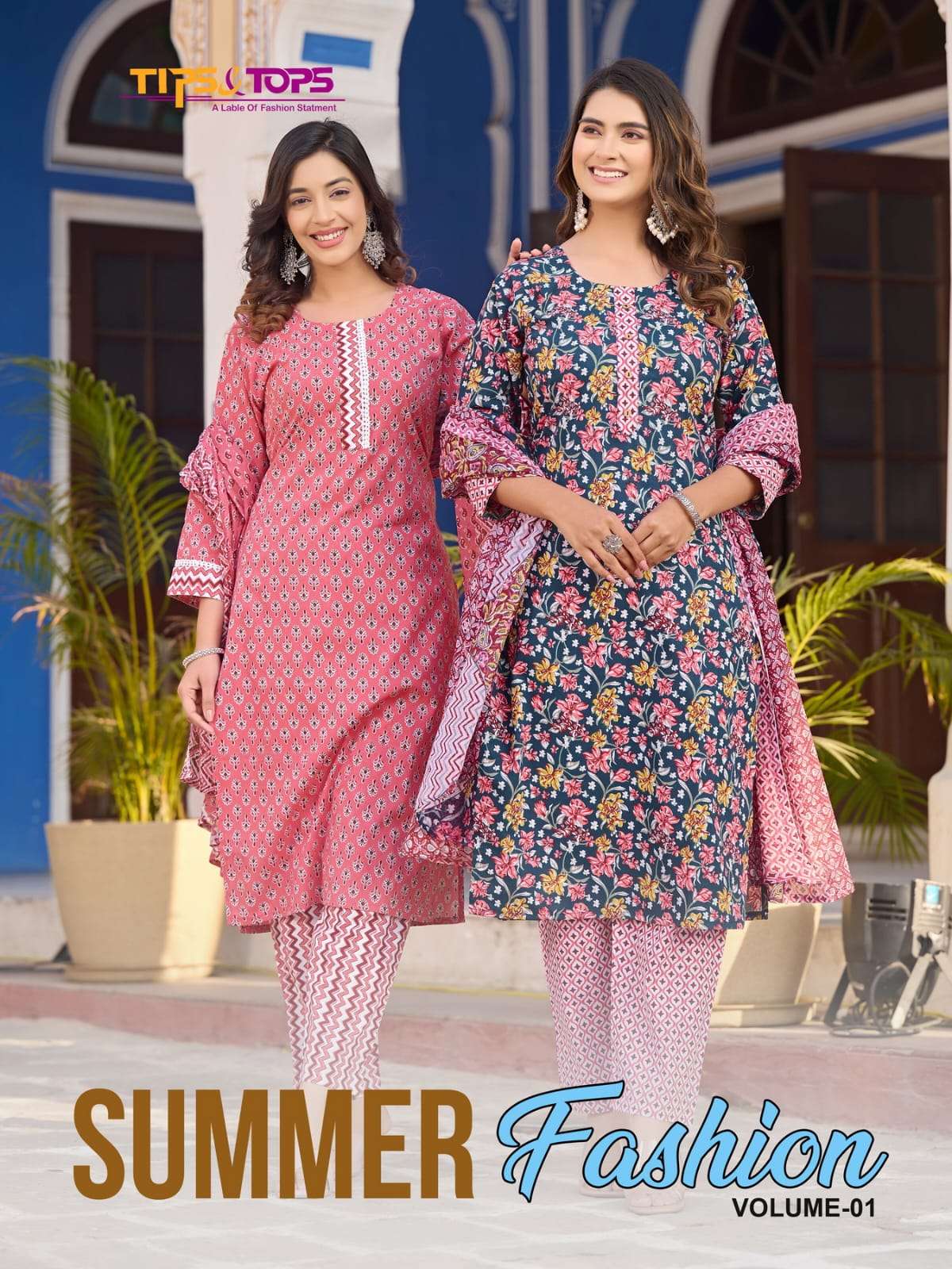 SUMMER FASHION VOL 1 COTTON PRINTED KURTI WITH PANT AND MAL COTTON DUPATTA BY TIPS AND TOPS BRAND WH...