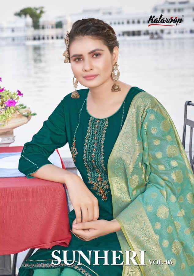 SUNHERI VOL 6 JAM SILK EMBROIDERY AND KHATLI WORK KURTI WITH  RAYON SLUB PATIYALA AND BANARASI SILK ...