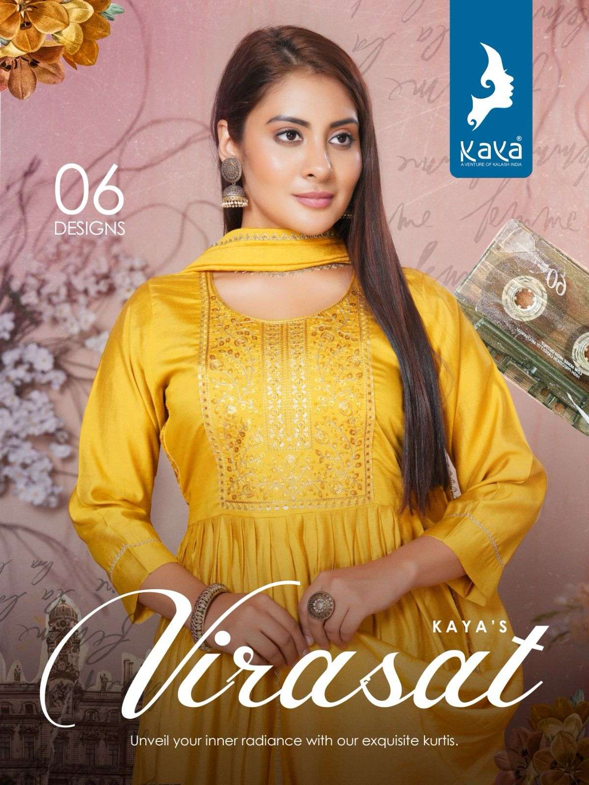 VIRASAT ROMAN SILK EMBROIDERY SEQUENCE WORK KURTI WITH PANT AND CHANDERI DUPATTA BY KAYA KURTI BRAND...