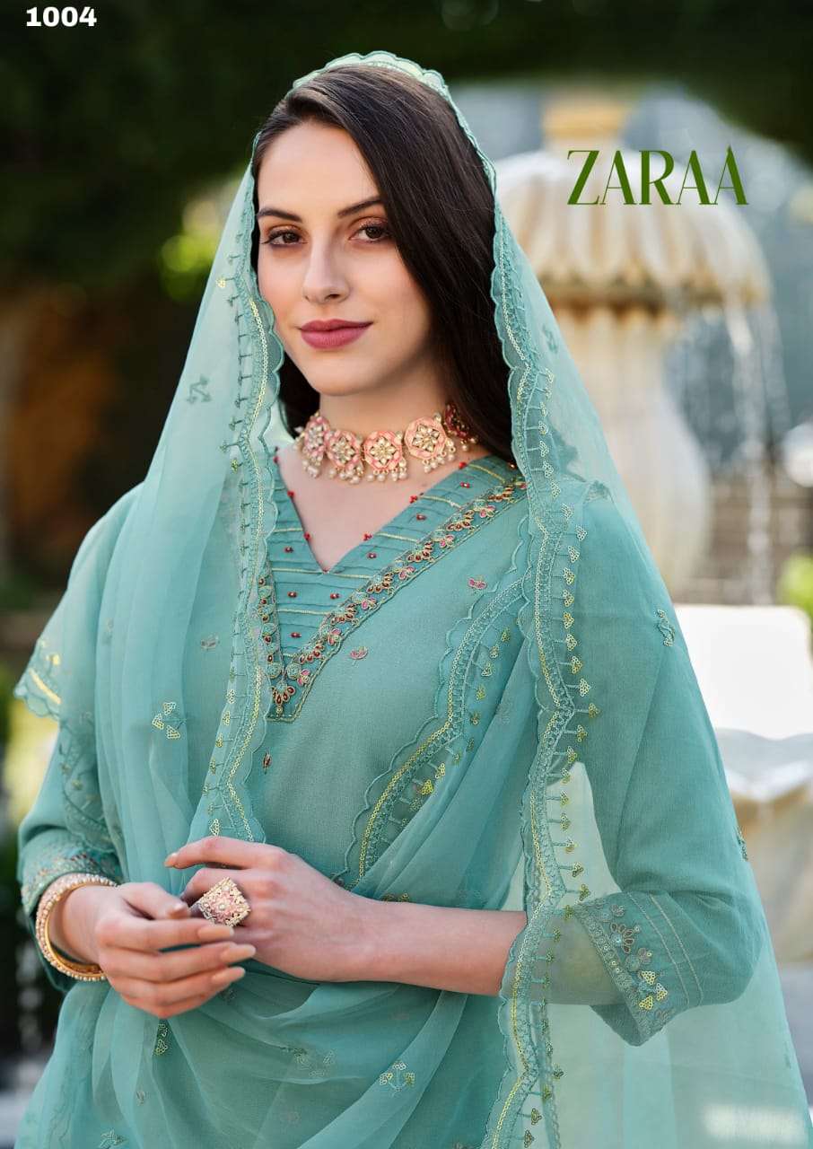 ZARAA LIVA PREMIUM PURE VISCOSE THREAD AND HANDWORK KURTI WITH PANT AND ORGANZA SEQUENCE WORK BORDER...