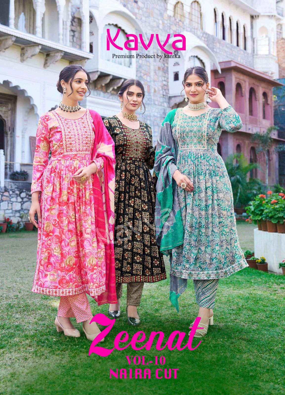ZEENAT VOL 10 CAPSULE FOIL PRINT EMBROIDERY SEQUENCE WORK KURTI WITH PANT AND CHANDERI DUPATTA BY KA...