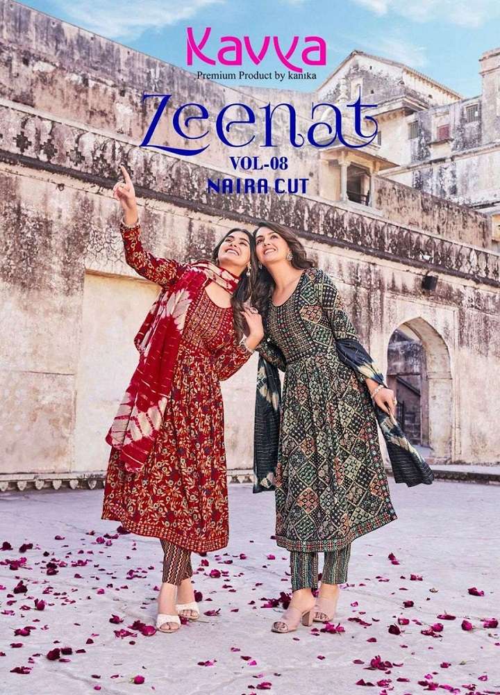 ZEENAT VOL 8 HEAVY RAYON CAPSULE COTTON EMBROIDERY WORK KURTI WITH PANT AND DUPATTA BY KAVYA BRAND W...